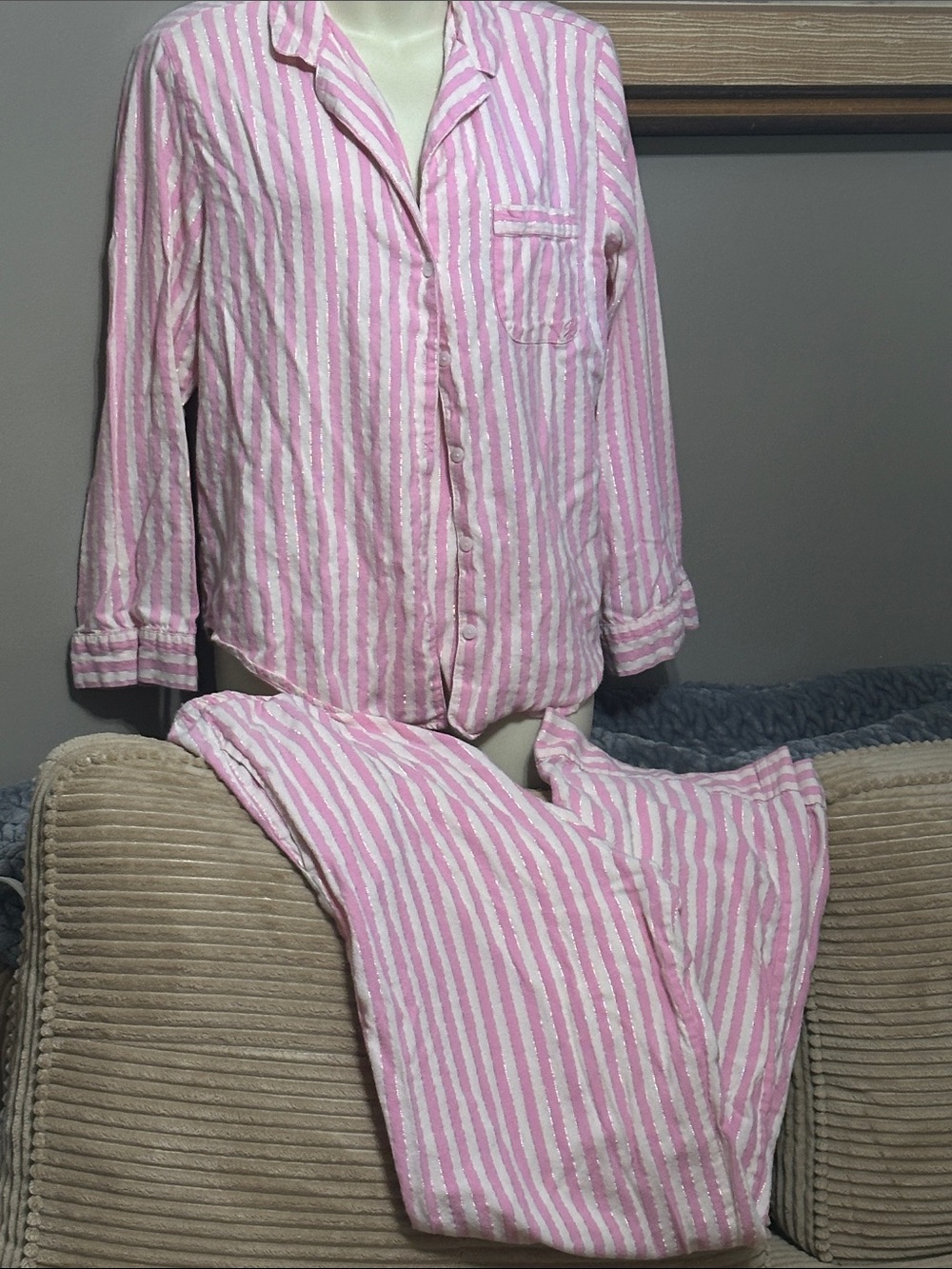Victoria's Secret Pink & White Striped Two-Piece Cotton Pajama Set